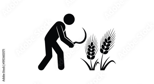 Vector illustration of a stick figure farmer harvesting wheat with a sickle, representing agriculture and traditional farming practices.