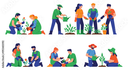 People gardening, planting flowers and watering plants in gardens and outdoors