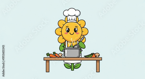 Smiling cartoon sunflower wearing chef hat cooks with carrots and vegetables on table
