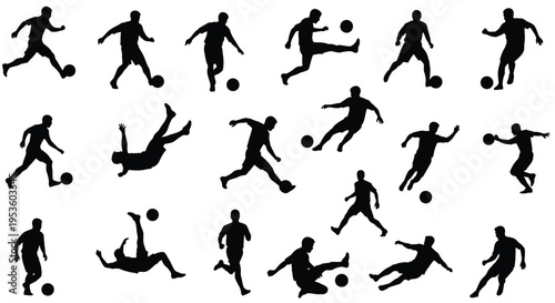 Dynamic vector graphic illustration of male soccer players performing various game actions with a ball.