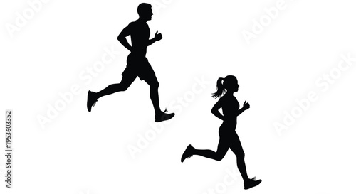 Silhouette vector graphic design illustrating a man and a woman running together in athletic motion