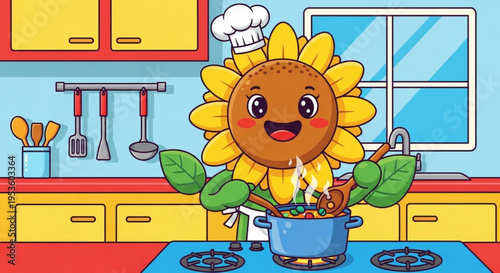 Cartoon smiling sunflower character cooking vegetables in a blue pot on a kitchen stove with chef hat on surrounded by utensils and a window