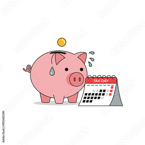 Vector illustration of a sweating pink piggy bank standing next to a tax day desk calendar and a gold coin, representing financial stress, tax season pressure, and budget savings.