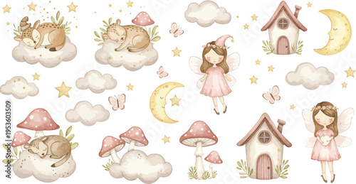 Whimsical illustration of fairytale creatures and fantasy objects in soft pastel colors for children or greeting cards