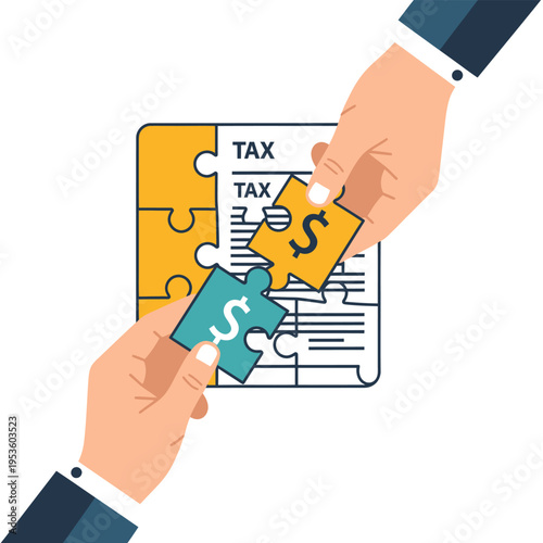 Flat vector illustration showing two business hands putting jigsaw puzzle pieces with dollar signs onto a tax document, representing financial strategy, tax planning, and management.