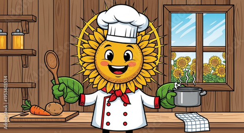 Smiling sunflower cartoon character wearing chef hat and cooking in kitchen with vegetables and pot