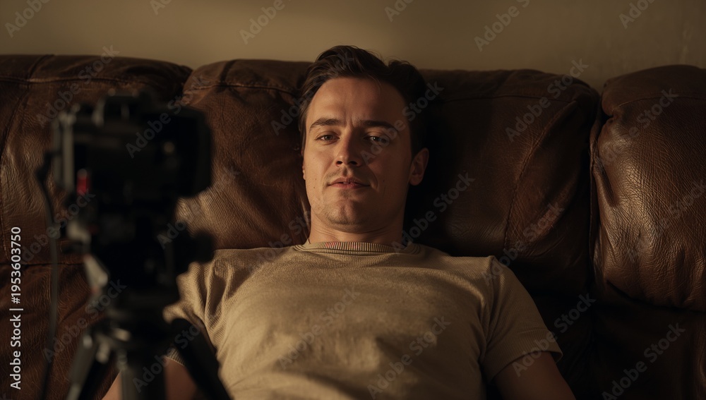 Obraz premium Reclining adult male wearing beige crew neck t-shirt in living room, facing camera on tripod