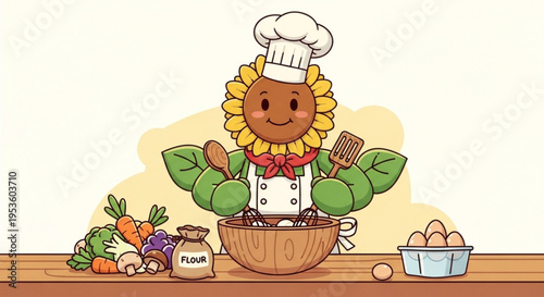 Sunflower chef mixes ingredients in wooden bowl on kitchen counter with vegetables and eggs nearby