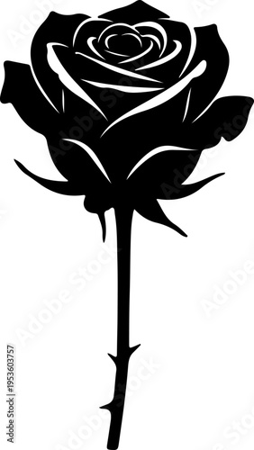 Black rose silhouette with stem and thorns, a classic symbol of love and beauty