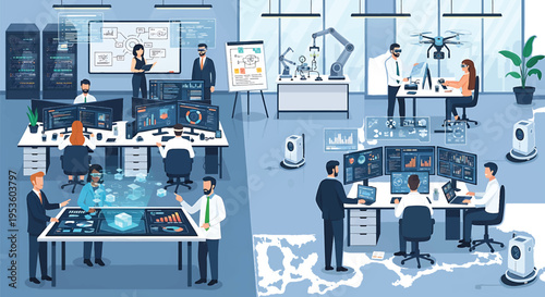 People working in a modern technology and data analysis office.