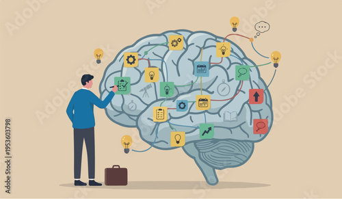 Idea memo brainstorm or scrum sticky notes, productive plan, memory or task reminder, mind map for work arrangement, thought and wisdom concept, businessman write sticky notes on human brain