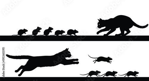 Black silhouette vector illustration depicting a sequence of mice running away from a stalking cat