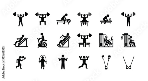 Collection of isolated vector graphic icons showcasing different gym exercises and fitness routines for illustration.