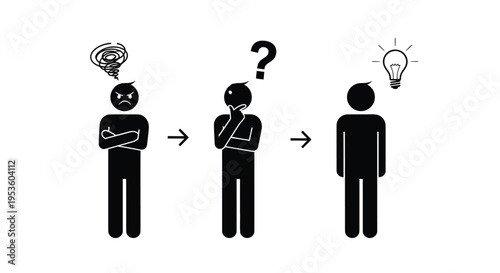 Vector graphic illustration depicting the problem-solving journey from initial frustration to thoughtful consideration and finally a new idea.