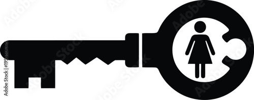 Black key icon with female restroom symbol, gender access concept, vector illustration