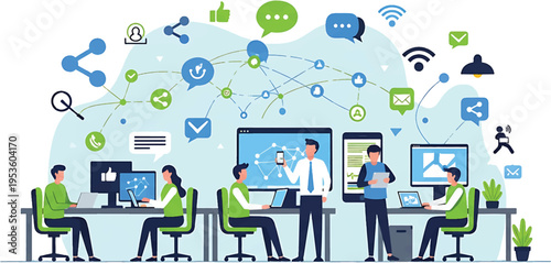 Business people working in an office with a network of social media and communication icons.