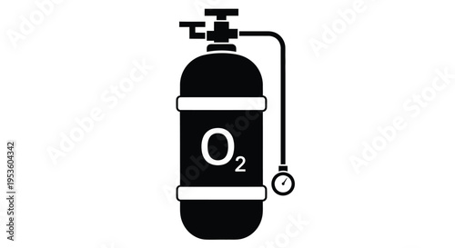 Medical oxygen cylinder vector graphic illustration featuring O2 symbol, hose, and pressure gauge.