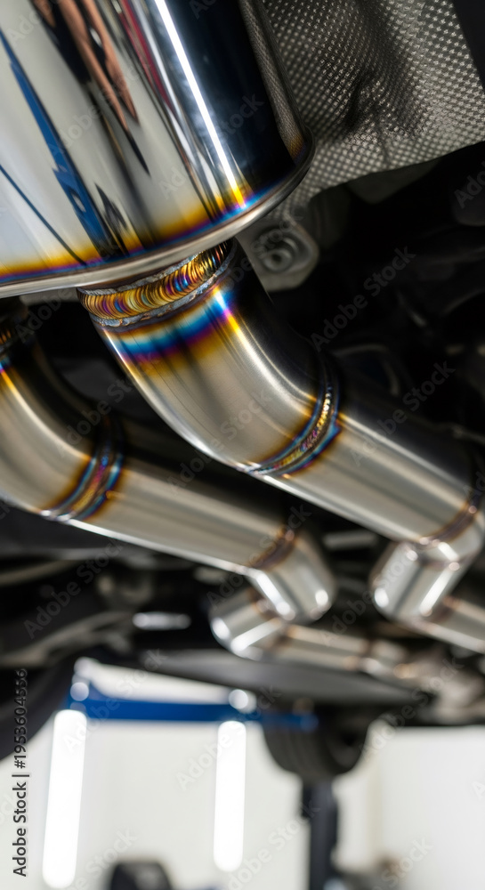 Obraz premium Close up of shiny metal exhaust pipe with colorful weld seams, part of car undercarriage repair and service in garage.