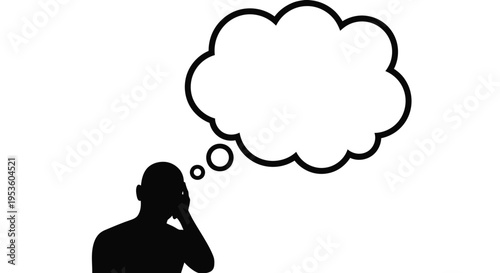 Simple black and white vector illustration depicting a silhouette person contemplating with a large empty idea bubble.