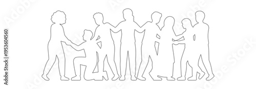Side view diverse group of people helping and supporting each other outline, clean minimal line art community teamwork illustration, inclusivity characters for architectural elevation