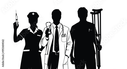 Medical team vector illustration featuring a nurse, doctor, and a patient with crutches in healthcare design.