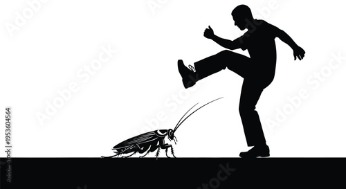 Silhouette vector graphic illustration depicts a man preparing to stomp a large cockroach insect pest
