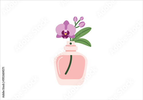 Elegant pink perfume bottle with orchid flower illustration on white background for beauty branding