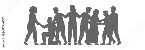 Side view diverse people silhouette set helping and supporting each other, teamwork and community black solid figures, inclusivity concept for architectural elevation and urban scene design vector