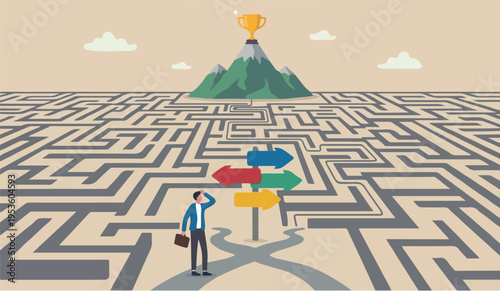 Path support solution office people idea work flat company chart assessment project businessman finding the way in labyrinth to reach target.