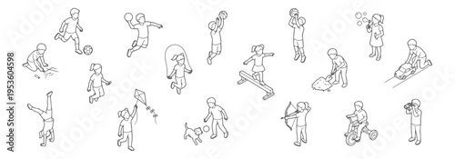 Top view kids activities silhouette set, overhead children playing collection with black solid figures, soccer basketball skipping rope cycling sandbox and outdoor fun, urban plan