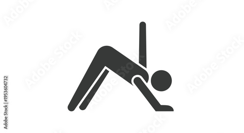 Minimalist vector graphic illustration of a stick figure performing a yoga or stretching pose against white