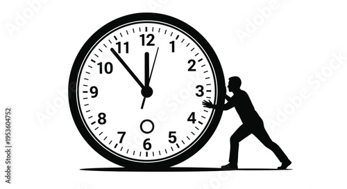 Determined man silhouette pushing a huge clock face, symbolizing time management, deadlines, and working against the clock.