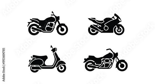 Collection of four distinct black silhouette vector illustrations representing various motorized two-wheel vehicles