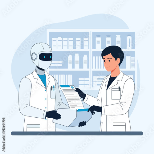 Robot and Human Pharmacist Collaborating in a Modern Pharmacy Setting with Shelves of Medicine