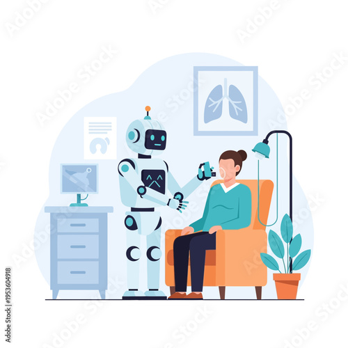Robot assistant providing medical care and support to a patient in a domestic setting, showcasing futuristic healthcare technology