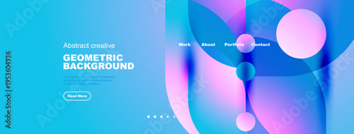 Bright abstract geometric background. Vivid blue, pink hues create modern design. Navigation menu present, text visible.