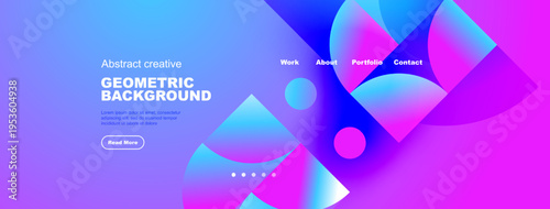 Abstract geometric background features vibrant blue, purple hues. Text elements include headings, sample text, button. Modern design.