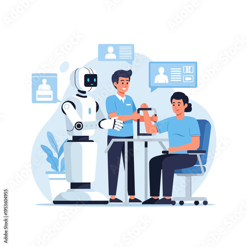 AI-powered rehabilitation robot assisting a patient with a physical therapist