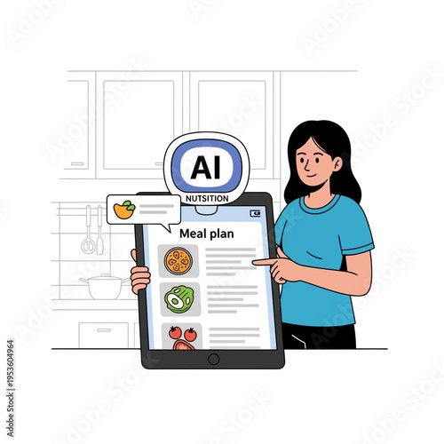 Woman using AI nutrition assistant app for meal planning on a tablet in a kitchen