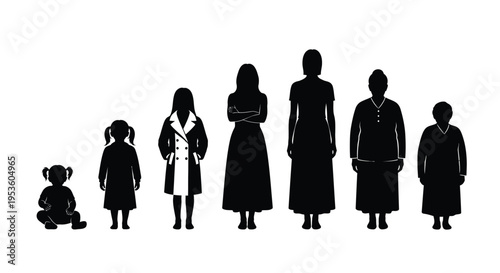 Vector illustration silhouettes showing female life stages from baby to elderly woman progression