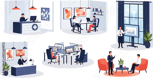 Diverse Business and Healthcare Professionals Working in Various Office Settings.