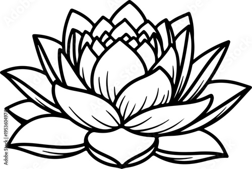 Elegant Black and White Outline Illustration of a Serene Lotus Flower Blossom Symbolizing Purity and Enlightenment