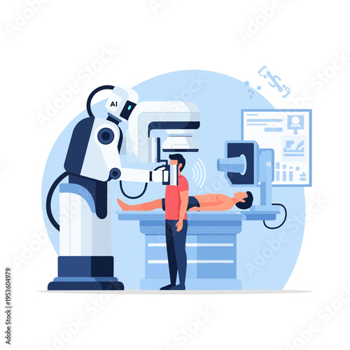 AI robotic diagnostic scanner performs medical examination on patient in futuristic healthcare setting