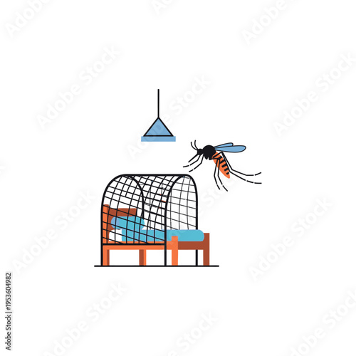 Bed with mosquito net and flying insect concept