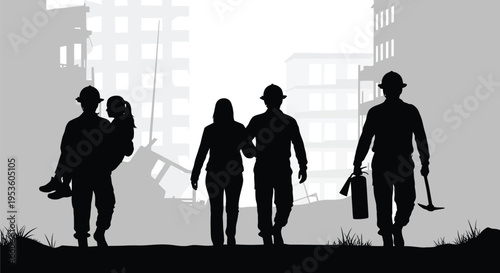Vector illustration of heroic rescue workers helping survivors evacuate a city after a devastating disaster.