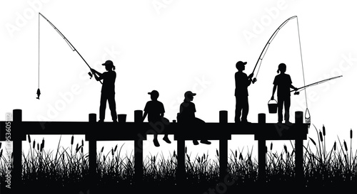 A group of friends and family enjoying a relaxing day fishing from a dock, vector illustration.