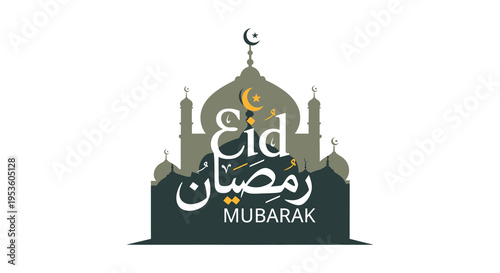 A beautiful eid mubarak greeting featuring a mosque and crescent moon silhouette high quality professional detailed