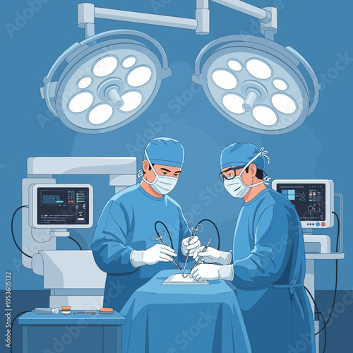 Two surgeons wearing masks and scrubs performing a delicate medical operation in a modern operating room with surgical lights and monitors