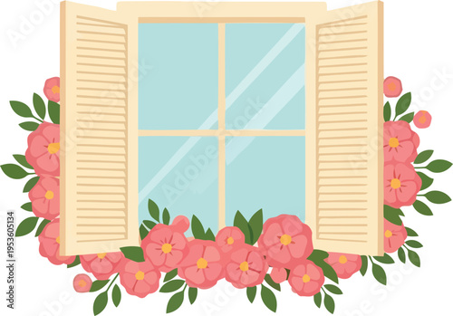 Spring floral window illustration with open shutters and pink flowers for seasonal decor and invitations