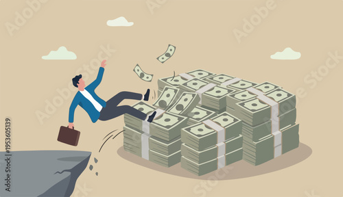 Insurance, reserve money or emergency fund on business failure, mistake or accident, compensation or money support and cushion concept, fail businessman falling huge big desk money banknotes safety